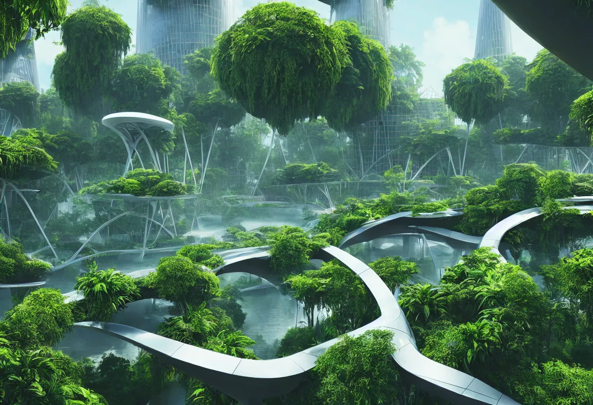 Image similar to futuristic architecture by norman foster, multi storey, connecting bridges, covered in lush foliage, surreal, ethereal bohemian garden, middle of gardens, cinematic shot, central square water feature, building inside the water, unreal engine, photorealistic, octane render