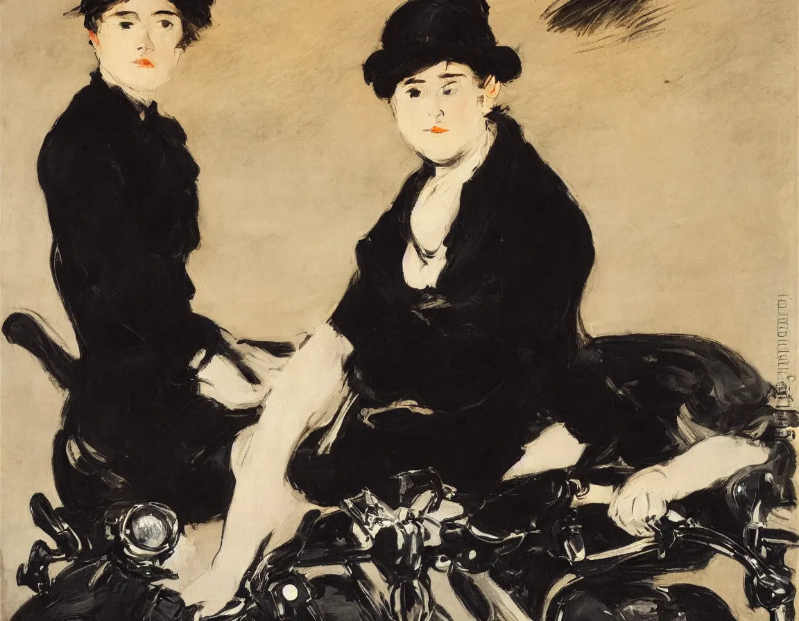 Image similar to edouard manet. a wide portrait of a woman all dressed in black, she is in profile turned her head towards the camera. seated on a dark motorcycle on a highway. there is another motorcycle blurred in the background. unprecise brush strokes. expressive. emotional.