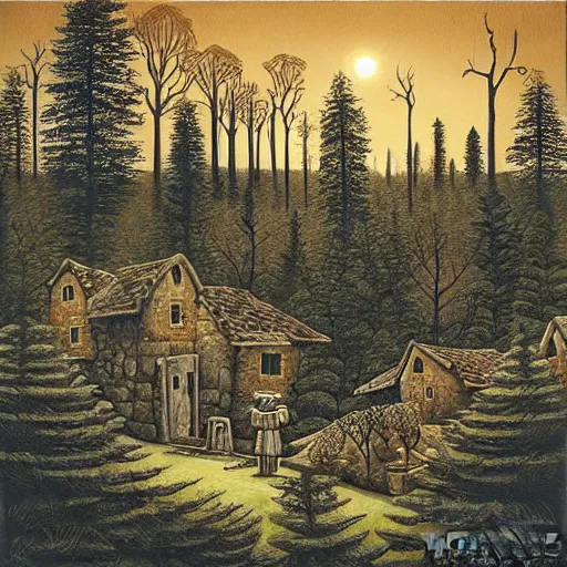 Image similar to an ancient village in the woods, painting by jeffrey smith