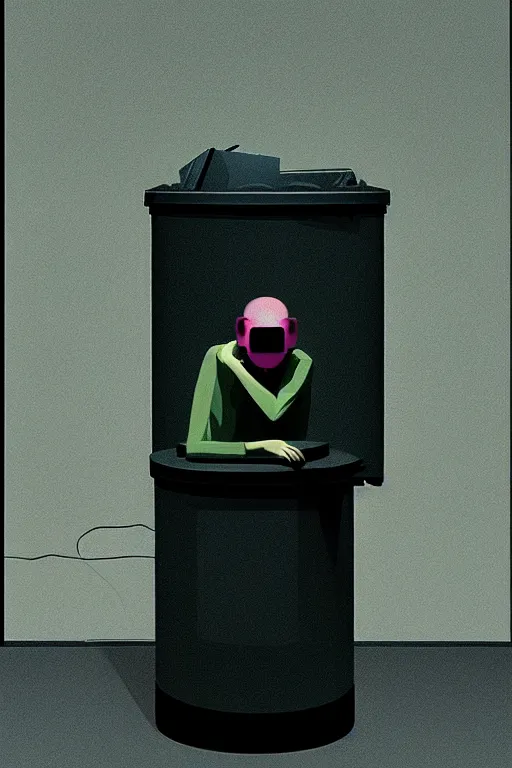 Prompt: the trashcan is actually a person, a hacker wearing oculus and digital glitch head edward hopper and james gilleard zdzislaw beksisnski higly detailed