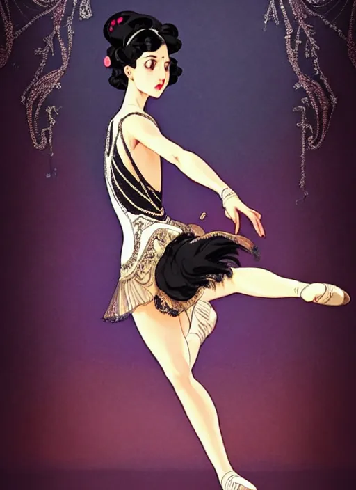 Image similar to a beautiful dancer with black hair in 1920's fashion, ballroom background, intricate, highly detailed, digital painting, artstation, official media, anime key visual, concept art, rich vivid colors, ambient lighting, sharp focus, illustration, art by Artgerm, Makoto Shinkai, Ilya Kuvshinov, Lois Van Baarle, and Rossdraws