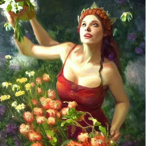 Image similar to a beautiful oil painting of Circe the witch picking up flowers, detailled, HD, realistic