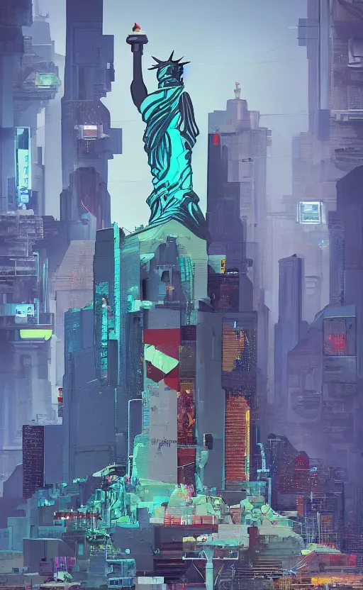 Prompt: a cyberpunk American Statue of Liberty Mount Rushmore in a alley with robots and humans walking around by marcel deneuve and beeple