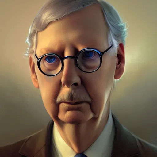 Image similar to amazingly beautiful portrait of a hyper realistic, frowning, sad mitch mcconnell ( ( turtle ) ) by greg rutkowski, artgerm, alphonse mucha, concept art, octane render, highly detailed, high quality, 8 k, soft lighting, path traced