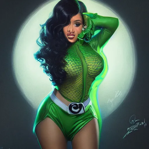 Image similar to full figure ultra realistic illustration, cardi b as the riddler, intricate, elegant, highly detailed, digital painting, artstation, concept art, smooth, sharp focus, illustration, art by artgerm and greg rutkowski and alphonse mucha