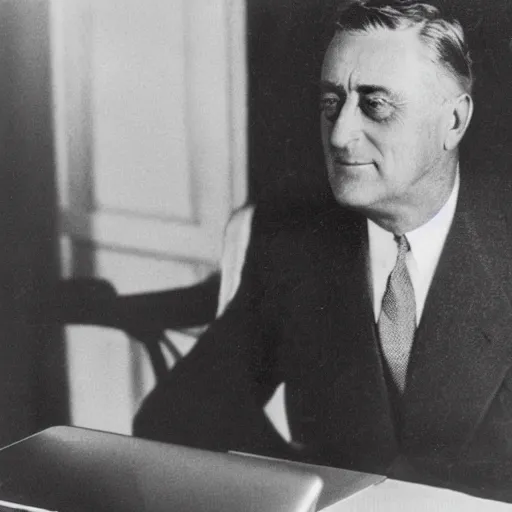 Prompt: 1932 photo of Franklin Roosevelt shows he did in fact own a macbook pro