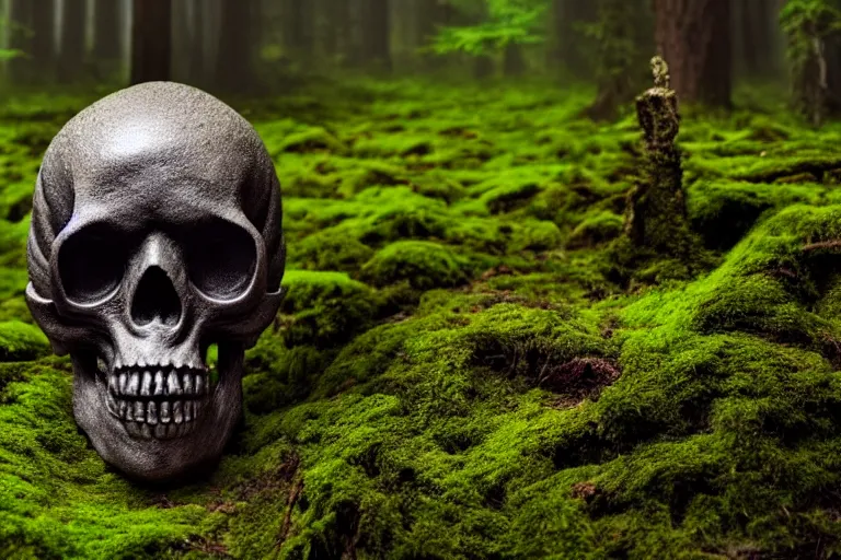 Image similar to high quality scary alienated monster skull statue sitting in the middle of a dark and creepy forrest, partly covered with moss, highly detailed, cinematic smooth, stephen shore & john j. park, soft morning light, wide shot, high angle, uhd 8 k, deep focus