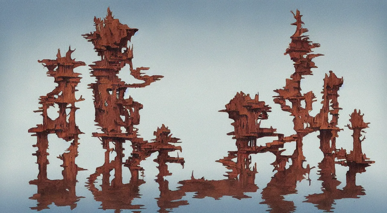 Image similar to single flooded simple wooden tower, very coherent and colorful high contrast!! masterpiece by roger dean, minimalist, dark shadows, sunny day, hard lighting