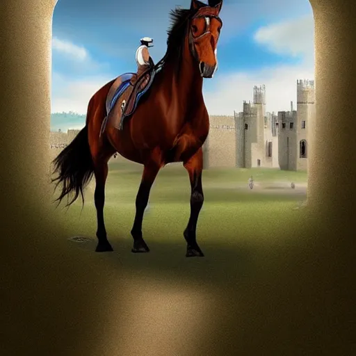 Image similar to plano general de un caballero montado a caballo, colina de fondo con castillo medieval. digital art, art station, realista,