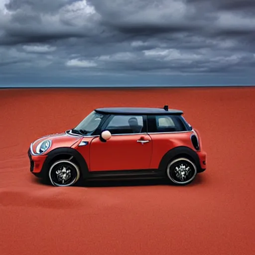 Image similar to mini cooper s, australian beach, red sand, otherworldly science fiction surrealism landscapes. waves. dust. stars. by dr seuss.