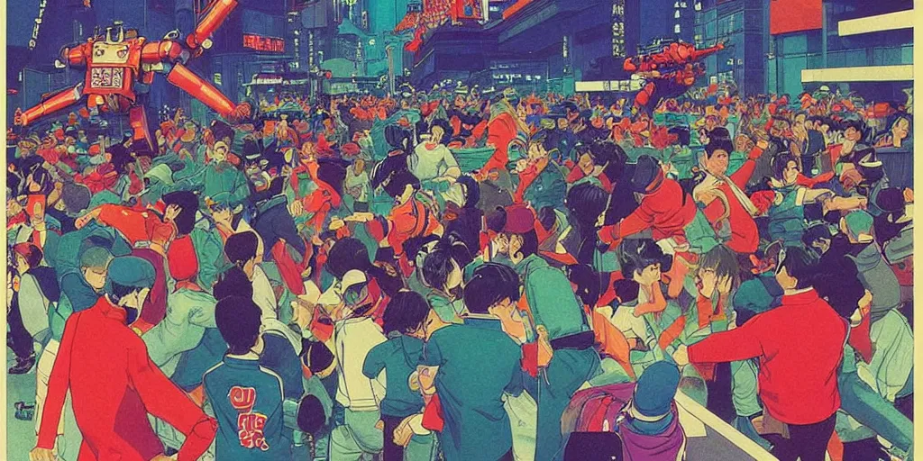 Image similar to gigantic mecha robots in a dance battle, a lot of people in disco clothes dancing, disco balls everywhere, risograph by kawase hasui, edward hopper, satoshi kon and moebius, no text!, colorful flat surreal design, super - detailed, a lot of tiny details, fullshot