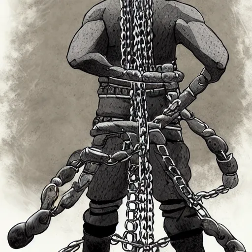 Image similar to A FULL BODY PORTRAIT FROM BEHIND OF MADARA UCHICHA ,THE MAN KEEPS A KUSARIGAMA AND IT IS WRAPPED IN CHAINS ,detailed, concept art, ink style , sketch