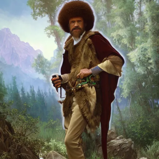 Prompt: an ultra detailed matte painting of bob ross dressed as a wandering elf druid, silver hawk animal companion, d & d, fantasy concept art by alphonse mucha and greg rutkowski, octane render, 8 k, detailed face