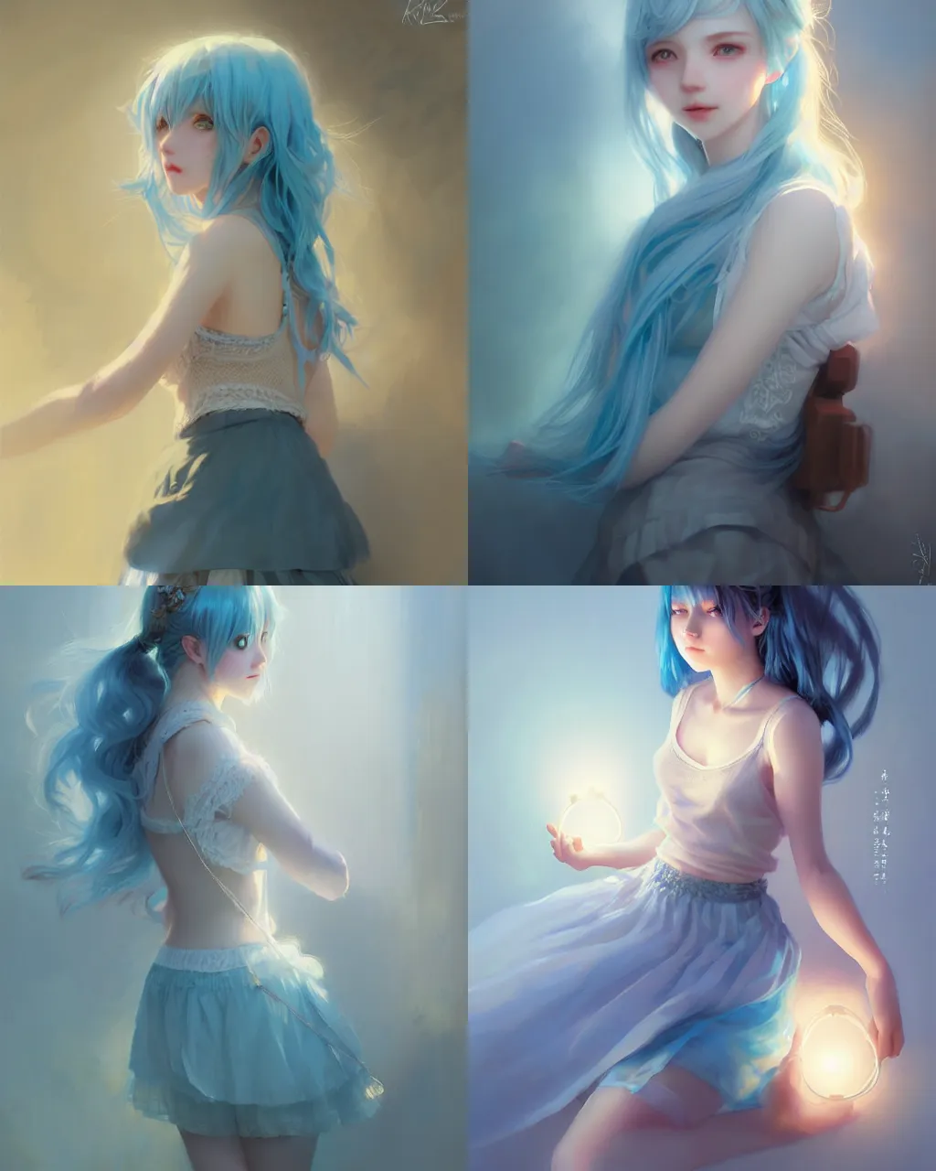 Prompt: girl with light blue hair and lace skirt, portrait, illustration, rim light, top light, perfectly shaded, soft painting, art by krenz cushart and wenjun lin