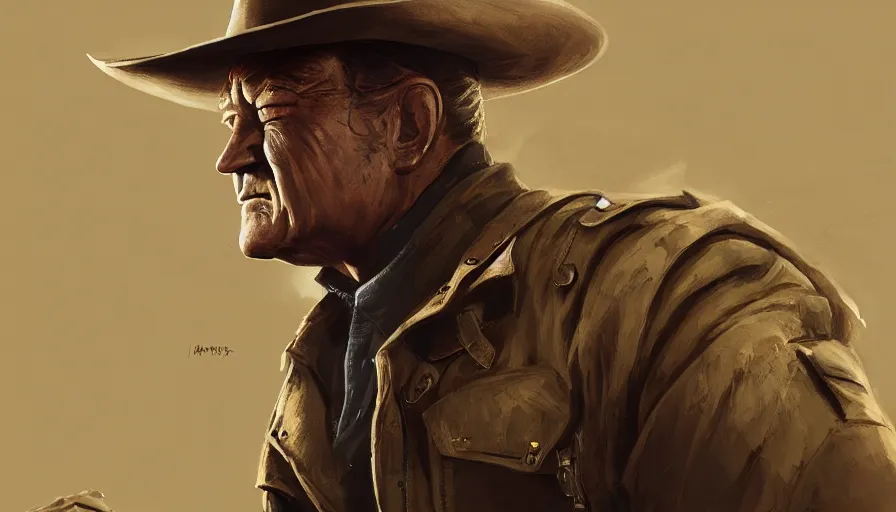 Image similar to John Wayne as a bounty hunter in trench coat, hyperdetailed, artstation, cgsociety, 8k