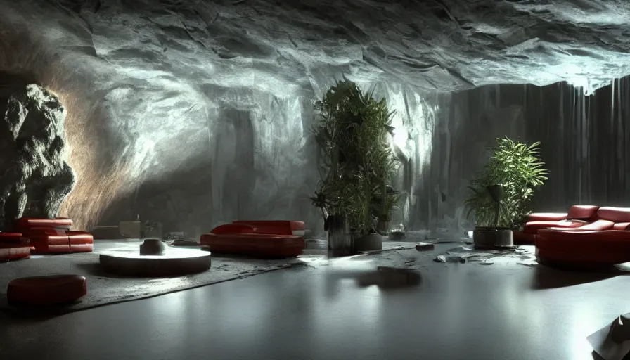 Prompt: a futuristic apartment interior in the style of a red granite cave, single black leather couch, plants, waterfall, high ceiling, dark moody lighting, foggy atmosphere, 16mm lens, by craig mullins, octane rendering