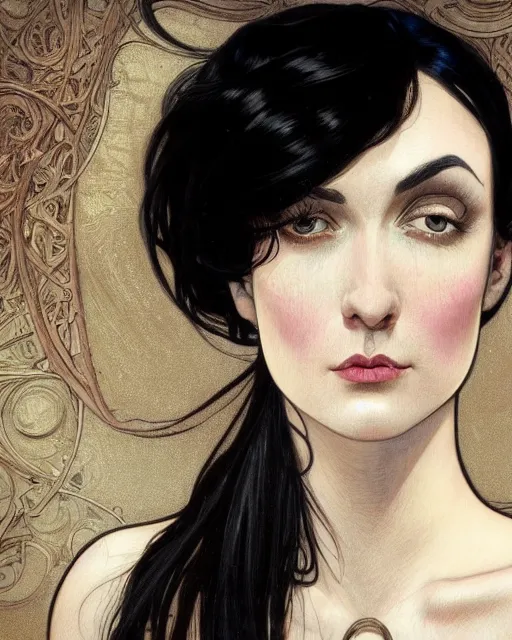 Image similar to portrait of a tall 4 0 - year - old woman with thin lips, long, lush black hair, and thick eyebrows, wearing in black clothes, hyper realistic face, beautiful eyes, close up, fantasy art, in the style of greg rutkowski, intricate, alphonse mucha, hyper detailed, smooth