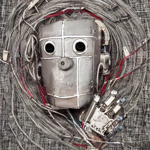 Prompt: a detailed portrait of a vagabond robot in dessert rags, 4 k, photorealism, silver metal robot, exposed wires, circuitry, extremely detailed