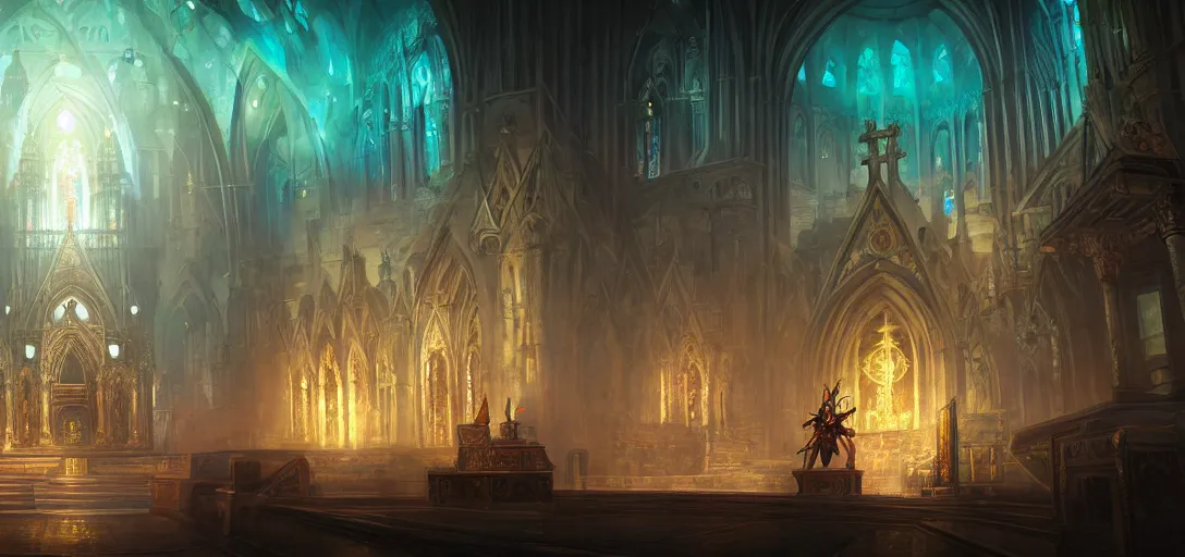 Image similar to illustration of ancient old archmech from magic the gathering, in holy cathedral, wide shot, bokeh, by wisnu tan, rossdraws, wlop, victor adame minguez