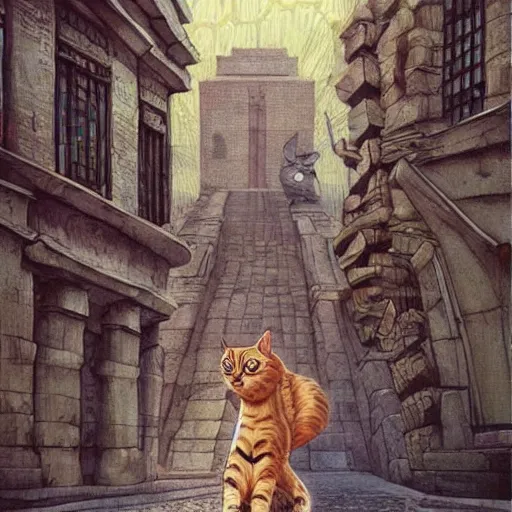 Prompt: gigantic cat walking on ancient city, very detailed fine art, top of pinterest, trend of artistation, style of ilia kuvshinov