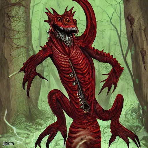 Prompt: big butcher anthropomorphic male lizardfolk posing scarily, scary angry pose, covered in blood, fresh kill, cleaver, in a forest, earie setting, lovecraft, eldritch, horror, hyperdetailed, furaffinity, deviantart, anthro art