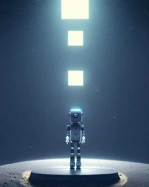 Image similar to a robot standing in front of a glowy open door that's on a barren moon, poster art by mike winkelmann, trending on cg society, space art, sci - fi, ue 5, futuristic, volumetric lighting, light casting onto the ground, neat composition and camera angle