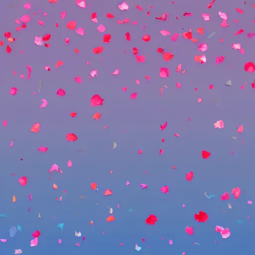 Prompt: background art of spaciously scattered flower petals flowing and floating through the blowing swirling directional wind from left to right on a simple cloudy sky background, big puffy clouds, large individual rose petals, angular background elements, polygonal fragments, anime, artgerm, manga, trending on artstation, art nouveau, mature color scheme