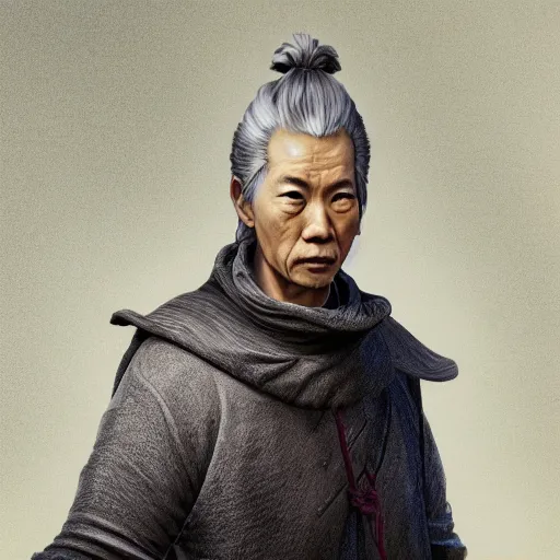 Prompt: portrait painting of a 6 0 year old kind handsome taoist priest, big eyes, deep silhouette ， looks like jie lott ， silver ponytail hair, amiable by yangjun chen ，, nadar, bright colors, octopath traveler, unreal engine 5 highly rendered, global illumination, radiant light, detailed and intricate environment