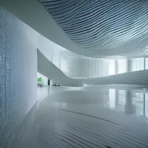 Image similar to a large room with surreal minimalist architecture, partially flooded by blue green water, liminal space, made of all white ceramic tiles, surreal, curving hallways, rounded ceiling, stairs,