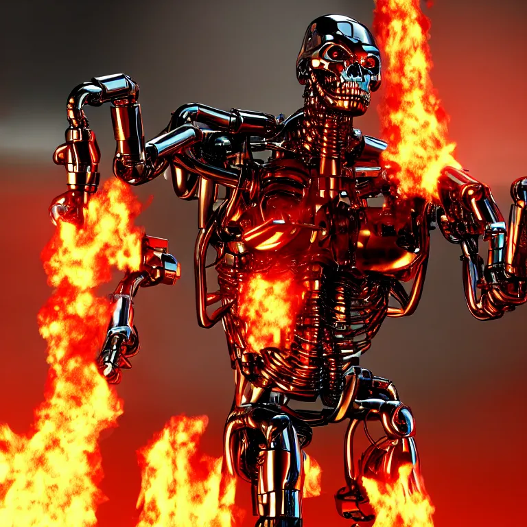 Prompt: terminator endoskeleton with fire behind it movie still, chrome, shiny, reflective, metallic, 3 d render, 3 d rendered, hdr, unreal engine 5, ray tracing, dramatic lighting, flame colors bright,