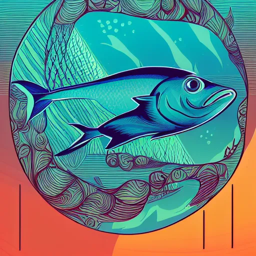 Image similar to profile of one stylized fish in center of view, dark ocean, complex patterns, artstation, intricate, realistic, highly detailed, digital painting, concept art, sharp focus, illustration by tom whalen and charles williams and kilian eng and james jean