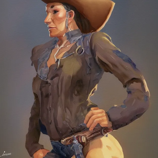 Image similar to a oil / watercolor painting full body character portrait of a cloned cowgirl in the style of moebius in the style of leonard boyarsky trending on artstation deviantart pinterest detailed realistic hd 8 k high resolution