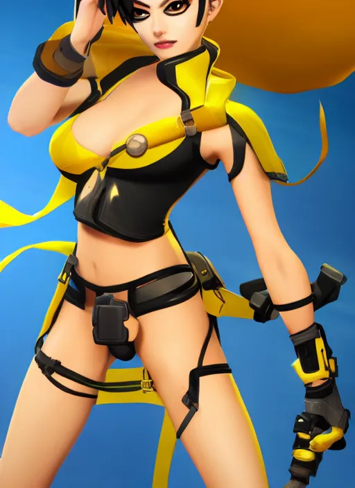 Image similar to tracer game character, in yellow bikini, blonde hair, black eyes, full height