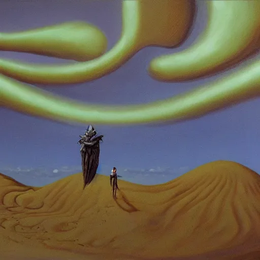 Prompt: A great worm comes out of sand on another planet, fantasy, eerie, oil painting by Bekinski