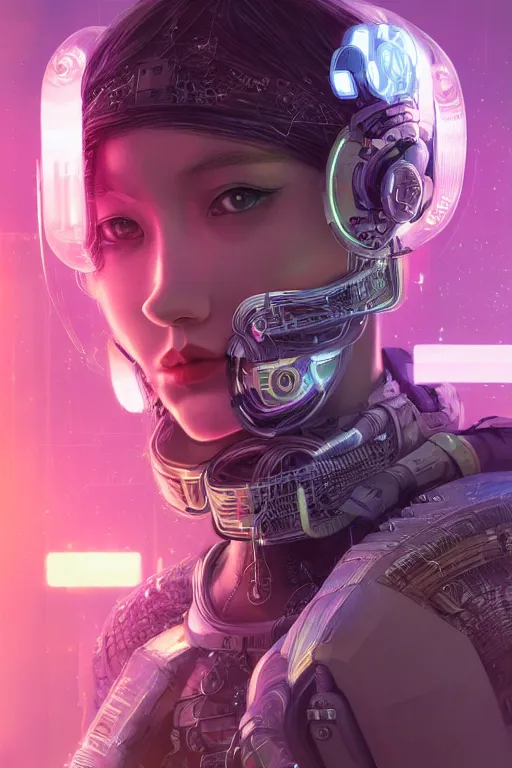 Image similar to portrait futuristic Cyber warrior Girl, in future cyberpunk tokyo rooftop , ssci-fi, fantasy, intricate, very very beautiful, elegant, neon light, highly detailed, digital painting, artstation, concept art, smooth, sharp focus, illustration, art by tian zi and WLOP and alphonse mucha