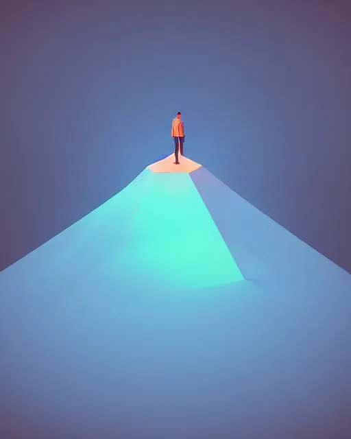 Image similar to a man standing in the middle of a mountain with a glowy triangle, a render by filip hodas, behance contest winner, environmental art, rendered in cinema 4 d, volumetric lighting