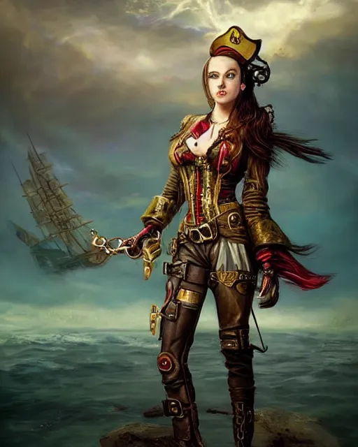 Image similar to a beautiful young female steampunk pirate wearing leather armor on gold and red trimmings on green, very cool pose, pirate ship with an epic sky background, slightly smiling Charlie Bowater Annie Leibovitz, zhuoxin ye, cinematic lighting and composition, fantasy painting, very detailed, ornate, 8k trending on artstation and pinterest, deviantart, google images