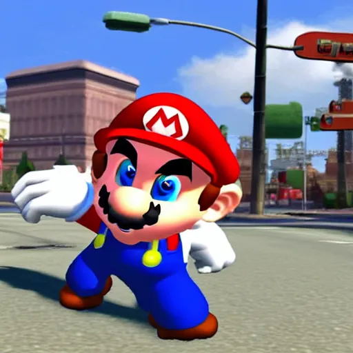 Prompt: mario 6 4 drive - by shooting in grand theft auto