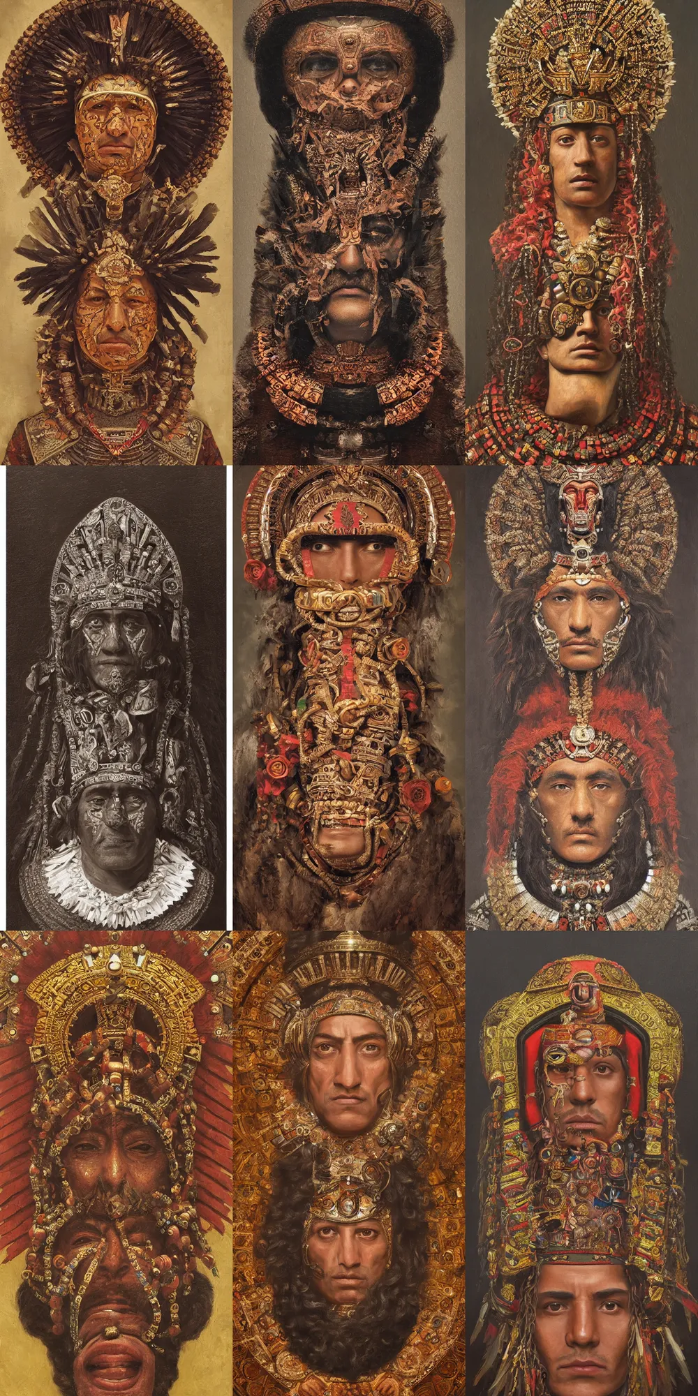 Prompt: a stunning and noble highly detailed romantic period style portrait of the head of Aztec emperor Montezuma, by Josep Tapiró Baró, trending on artstation, oil painting masterpiece, symmetry, fractals, Aztec iconography