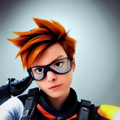 Prompt: tracer from overwatch smartphone selfie