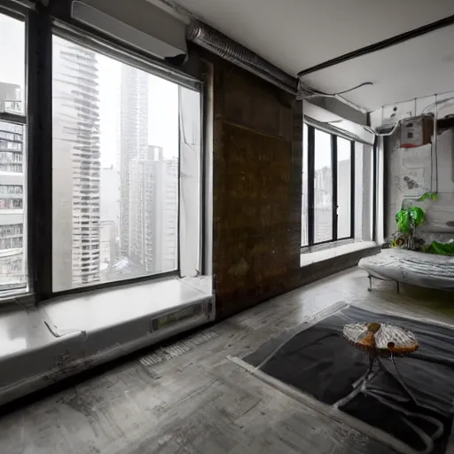 Image similar to dingy cyberpunk apartment interior, high above the city that is seen through the window