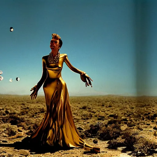 Image similar to salvador dali wearing a golden dress with jewels in a dry rocky desert landscape, visible sky and sunny atmosphere, film still from the movie by alejandro jodorowsky with cinematogrophy of christopher doyle and art direction by hans giger, anamorphic lens, kodakchrome, very detailed photo, 8 k