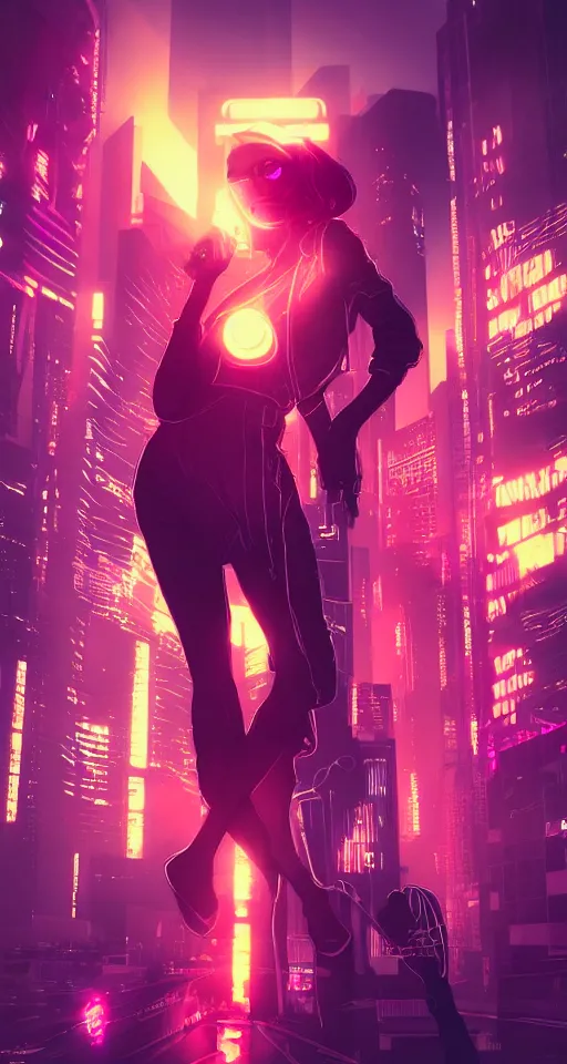 Image similar to high detailed cyberpunk women, city, neon lights, glow, sunset, atmospheric, cinematic, retrowave style,