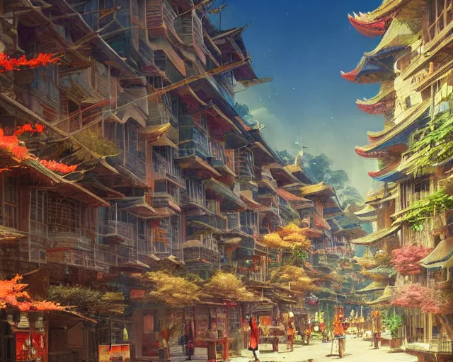 Image similar to street-level view of a colorful kitsune city, bamboo, flowers, anime, fox people, a fantasy digital painting by Greg Rutkowski and James Gurney, trending on Artstation, highly detailed