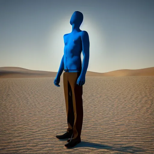 Prompt: man in blue, avant-garde art, deco fashion, highly detailed, photorealistic upper body portrait, serene desert setting, bright sun light, crisp quality and light reflections, unreal engine 5 quality render