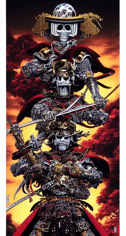 Image similar to portrait of a crazy skeletor samurai with japanese armor and helmet, by yoichi hatakenaka, masamune shirow, josan gonzales and dan mumford, ayami kojima, takato yamamoto, barclay shaw, karol bak, yukito kishiro