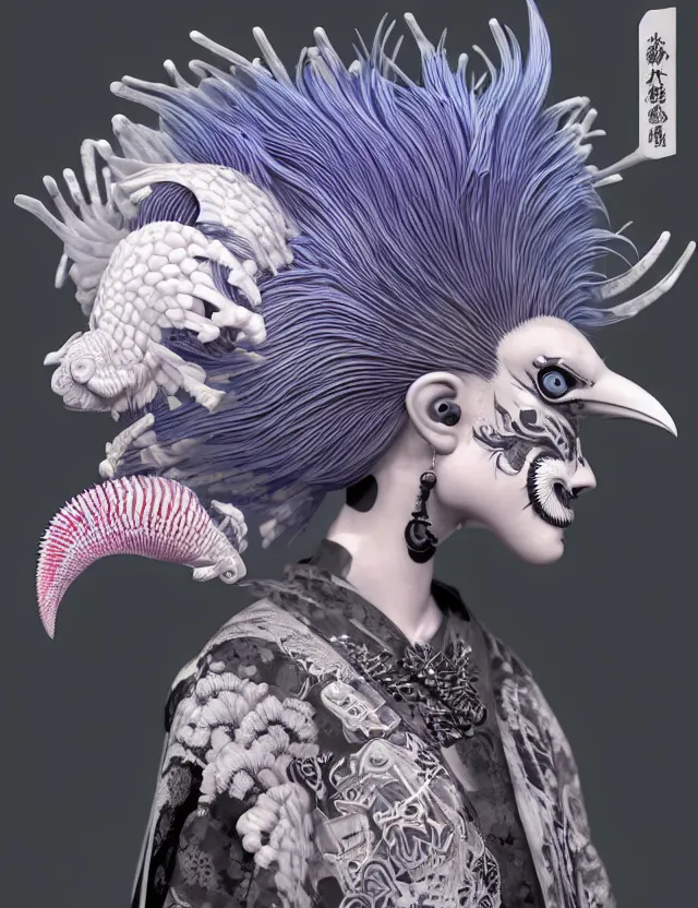 Image similar to 3 d goddess close - up profile simple portrait punk with mohawk with ram skull. beautiful intricately detailed japanese crow kitsune mask and clasical japanese kimono. betta fish, jellyfish phoenix, bio luminescent, plasma, ice, water, wind, creature, artwork by tooth wu and wlop and beeple and greg rutkowski