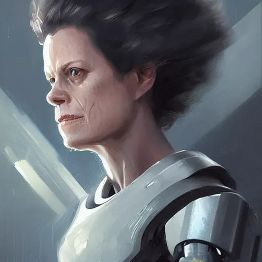 Image similar to portrait of a woman by greg rutkowski, she looks like sigourney weaver, she is wearing a cybernetic heavy armor gear, highly detailed portrait, digital painting, artstation, concept art, smooth, sharp foccus ilustration, artstation hq