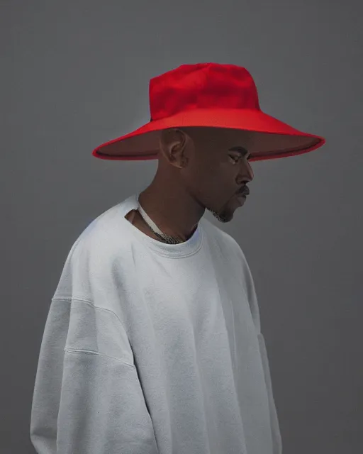 Image similar to Yeezy designed bucket hat, model, studio photography, clothing drop, unreleased, Yzy, YZY GAP, Balenciaga, minimalist, dystopian feel