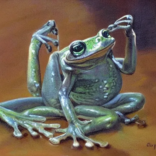 Prompt: 🐸 drinking ☕ by james gurney.